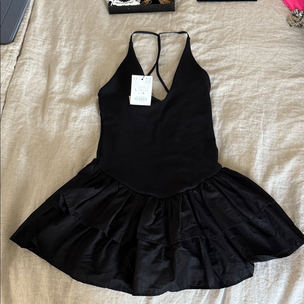 Zara Black Halter Dress with Flared Skirt